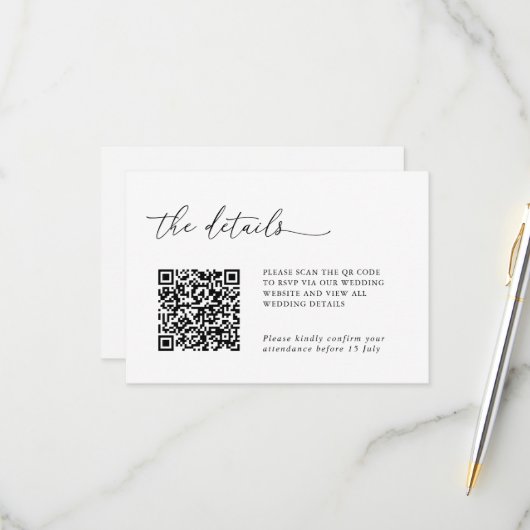 Minimalist Details & QR Code Wedding RSVP Card (Voorkant / Achterkant in situ)