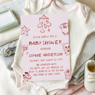 Minimalist Doodle Cute Blush Baby Shower Kaart