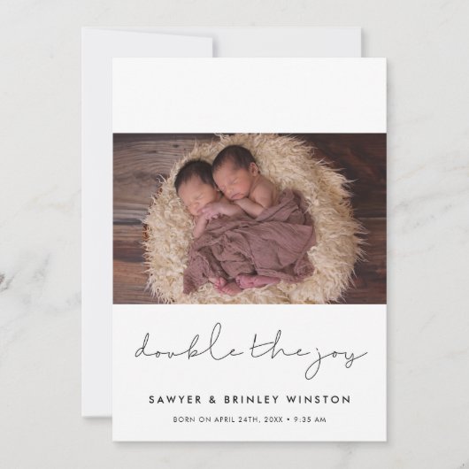 Minimalist Dubbel de vreugde tweeling foto Aankondiging (Voorkant)