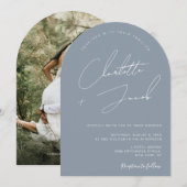Minimalist Dusty Blue Arch Photo Wedding Kaart (Voorkant / Achterkant)