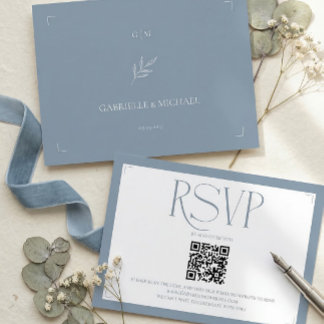 Minimalist Dusty Blue Elegant Monogram Wedding  RSVP Kaartje