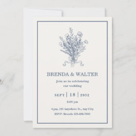 Minimalist Dusty Blue Floral Sketch Wedding  Kaart