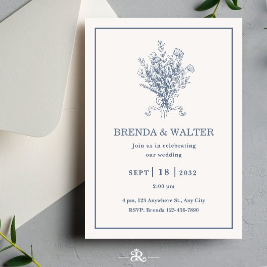 Minimalist Dusty Blue Floral Sketch Wedding  Kaart