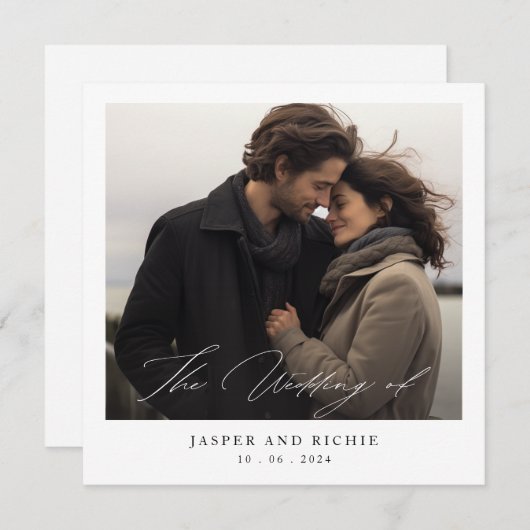 Minimalist Elegant Script Photo Square Wedding Kaart (Voorkant / Achterkant)