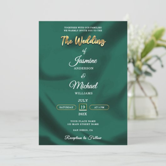 Minimalist Emerald and Gold Foil Script Wedding  Kaart (Staand voorkant)