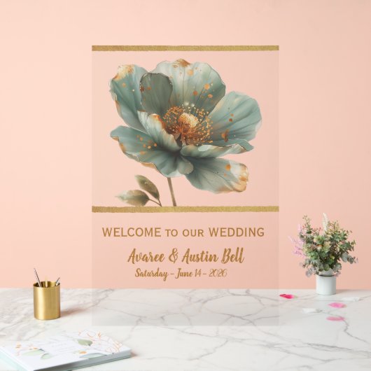 Minimalist Emerald and Gold Poppy Wedding Acrylic  (Mariage)