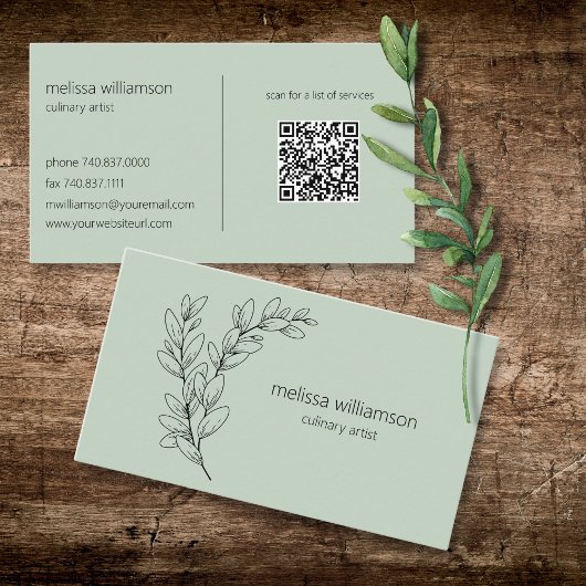 Minimalist Foliage on Sage Green with QR Code Visitekaartje