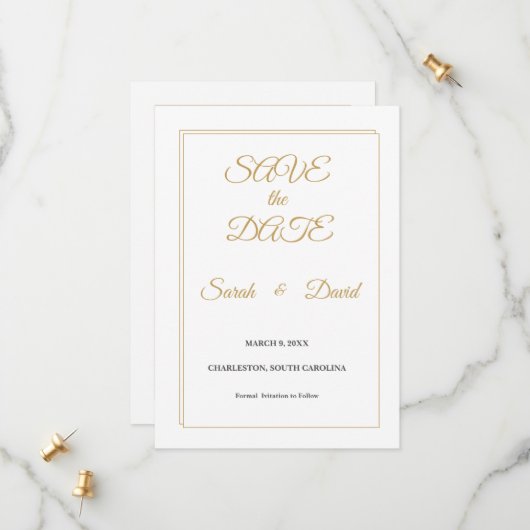 Minimalist Gold Border Save the Date Card (Devant/Arrière en situation)