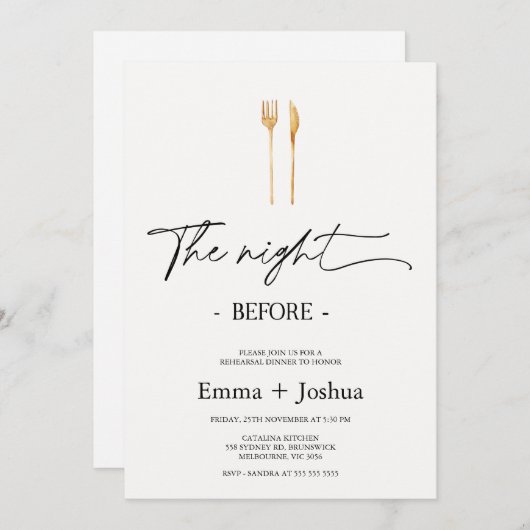 Minimalist Gold Cutlery Rehearsal Dinner Kaart (Voorkant / Achterkant)