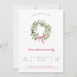 Minimalist Greenery Wreath & Bow Christmas Party Kaart