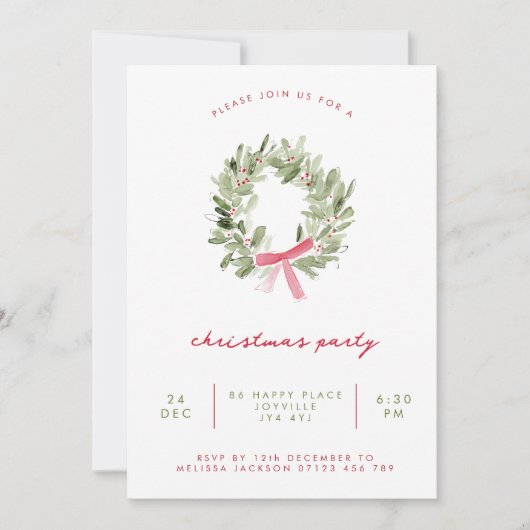 Minimalist Greenery Wreath & Bow Christmas Party Kaart (Voorkant)