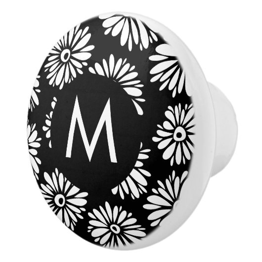 Minimalist Groovy Black and White Daisy Monogram Keramische Knop (Rechts)