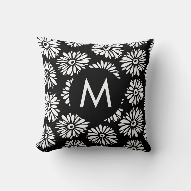 Minimalist Groovy Black and White Daisy Monogram Kussen (Voorkant)