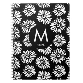 Minimalist Groovy Black and White Daisy Monogram Notitieboek