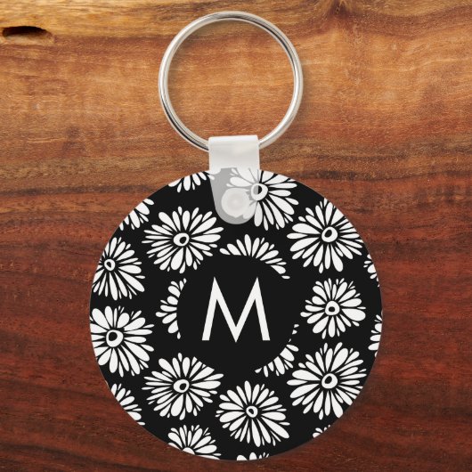Minimalist Groovy Black and White Daisy Monogram Sleutelhanger (Achterkant)