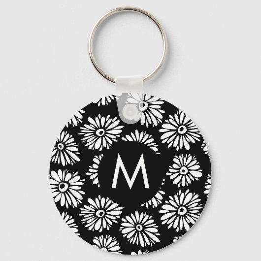 Minimalist Groovy Black and White Daisy Monogram Sleutelhanger (Achterkant)