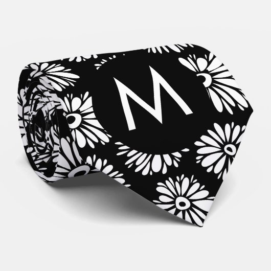 Minimalist Groovy Black and White Daisy Monogram Stropdas (Opgerold)
