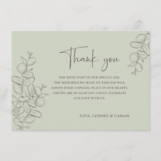 Minimalist handdrawn leaves green script wedding bedankkaart (Voorkant)