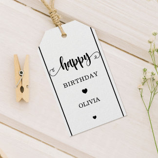 Minimalist Happy Birthday Tag Hearts Graphic Cadeaulabel