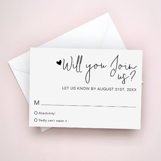 Minimalist Heart Script Contemporary Wedding RSVP Kaartje