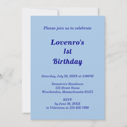 Minimalist Light Blue Kids Birthday Invitation (Devant)