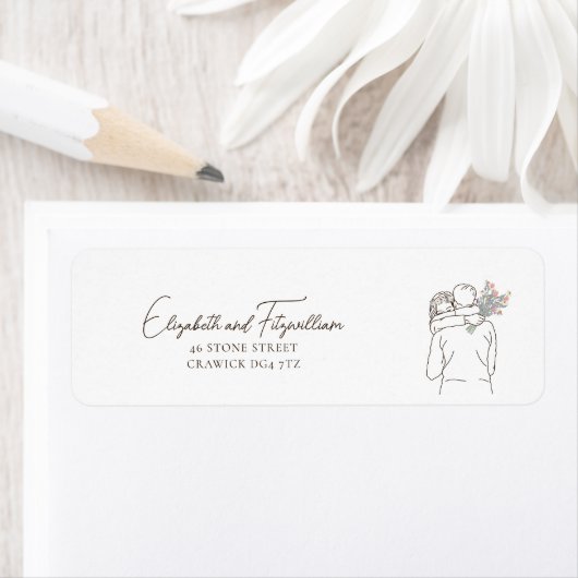 Minimalist Line Art Couple Hugging with Bouquet Etiket (Insitu)