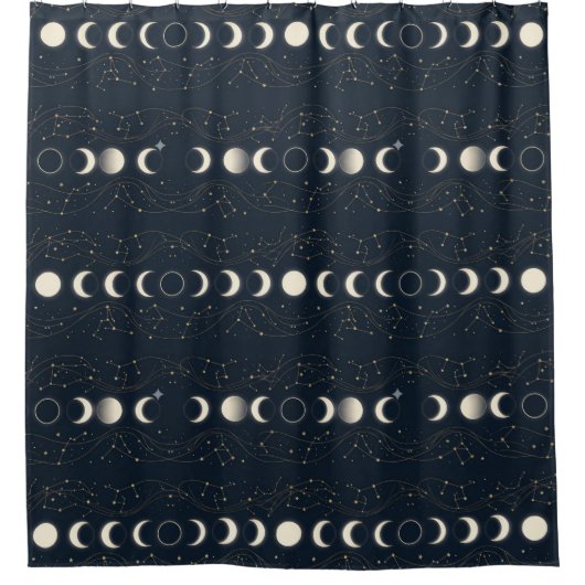 Minimalist Lunar Phases Pattern with Stars and Nig Douchegordijn (Voorkant)