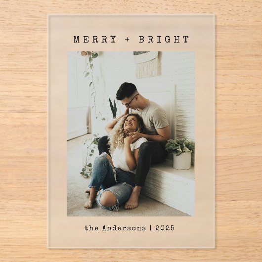 Minimalist Merry & Bright Photo Christmas Card Acryl Uitnodigingen (Voorkant)