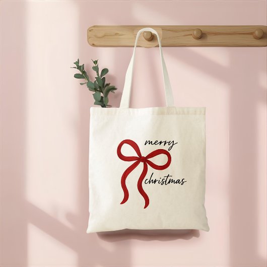 Minimalist Merry Christmas Red Bow Tote Bag