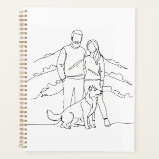 Minimalist Modern Couple with Dog Line Art Drawing