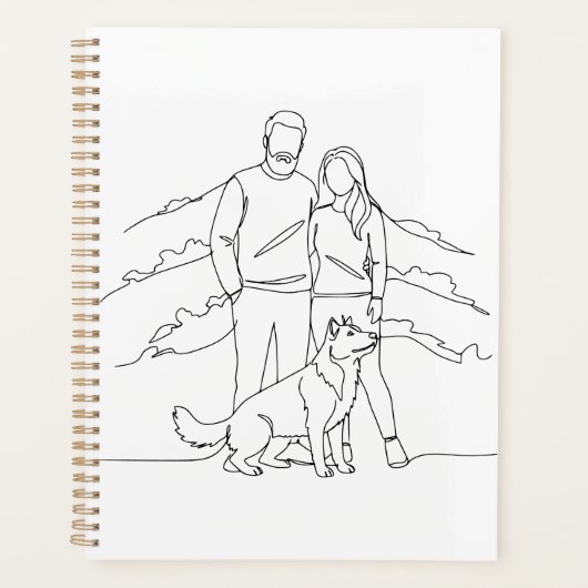 Minimalist Modern Couple with Dog Line Art Drawing (Devant)