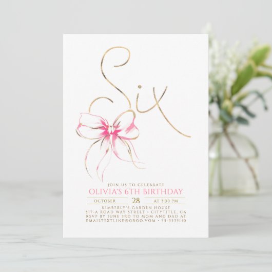Minimalist Modern Elegant Pink Bow 6th Birthday Kaart (Staand voorkant)