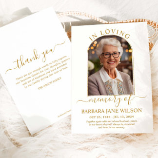 Minimalist Modern Gold Arch Photo Funeral Memorial Bedankkaart