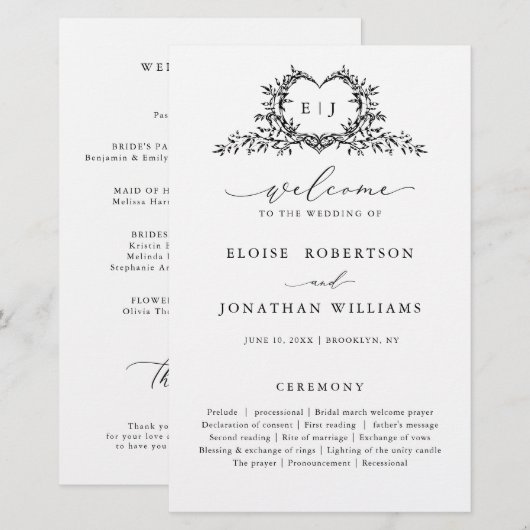 Minimalist Monogram Calligraphy Wedding Program (Voorkant / Achterkant)