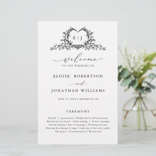 Minimalist Monogram Calligraphy Wedding Program (Staand voorkant)