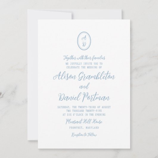 Minimalist Monogram Dusty Blue Wedding Invitation (Devant)