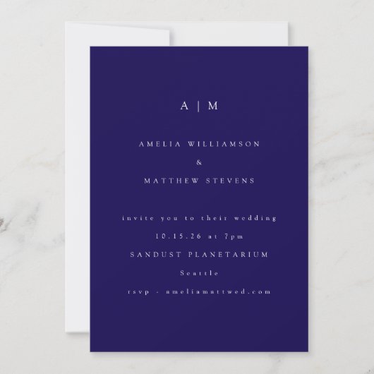 Minimalist Monogram Trendy Blue Modern Wedding Kaart (Voorkant)
