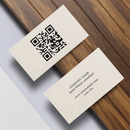 Minimalist Natural Beige Black QR code Networking Visitekaartje