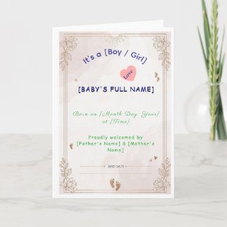 Minimalist Newborn Baby Announcement Card Templat Kaart
