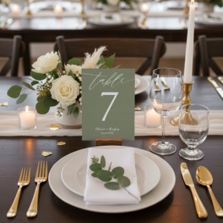 Minimalist Olive Green Wedding Table Number Card  Kaart