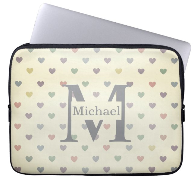 Minimalist Pastel Heart Pattern Custom Monogram  Laptop Sleeve (Voorkant)