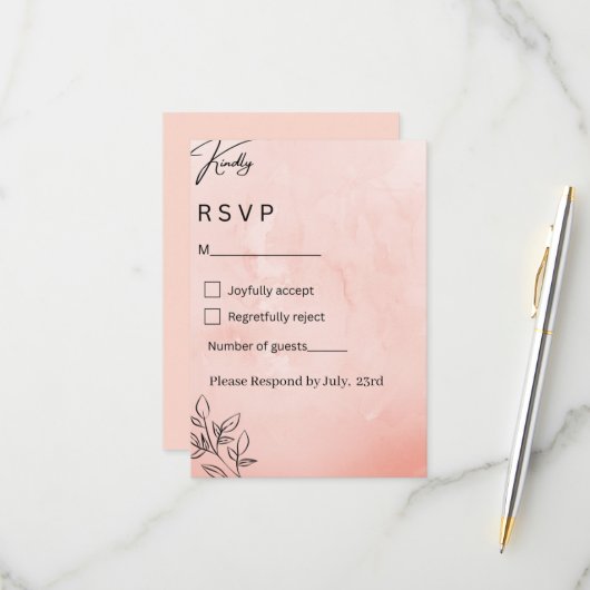 Minimalist Peach Botanical Wedding RSVP Kaartje (Voorkant / Achterkant in situ)