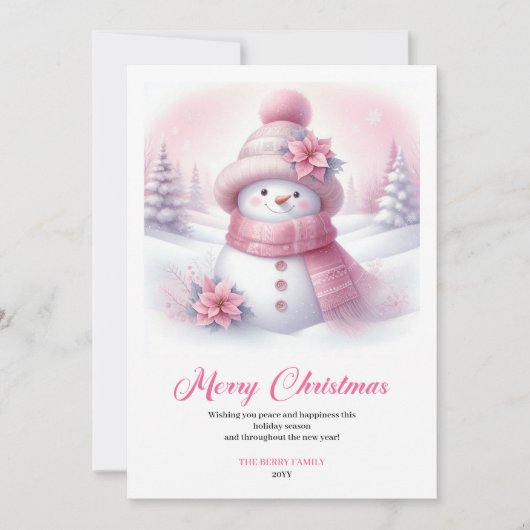 Minimalist Pink Snowman Kids Editable Christmas Feestdagenkaart (Voorkant)
