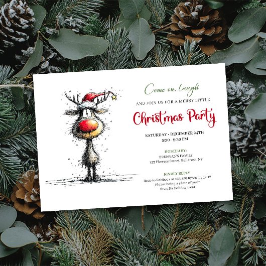 Minimalist quirky reindeer holiday party invite kaart