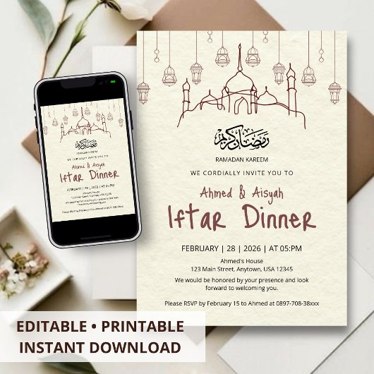 Minimalist Ramadan Kareem Iftar Dinner Invitation Kaart