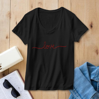 Minimalist Red Love Script Black V-Neck T-Shirt