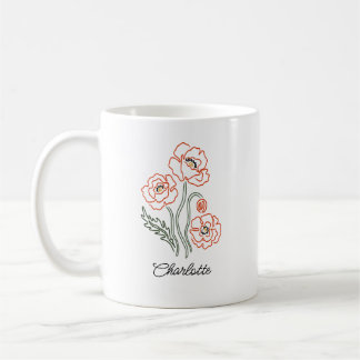 Minimalist Red Poppy Line Art Custom Name Mug