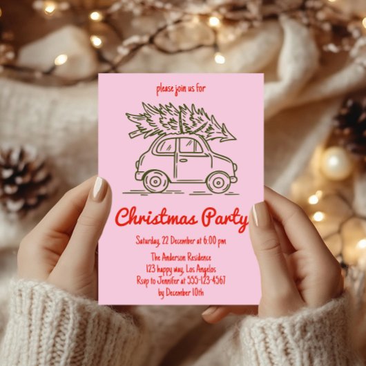 Minimalist Retro Pink Christmas Party Invitation  Kaart