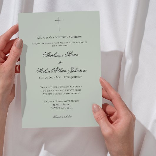 MINIMALIST Sage Green Cross Formal Wedding Kaart
