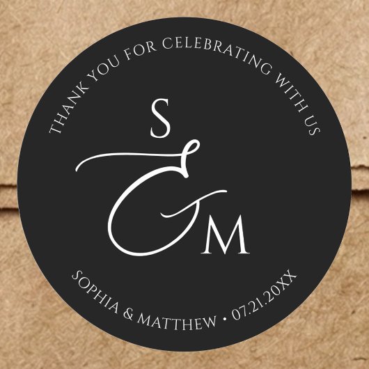 Minimalist Script Monogram Wedding Black Ronde Sticker